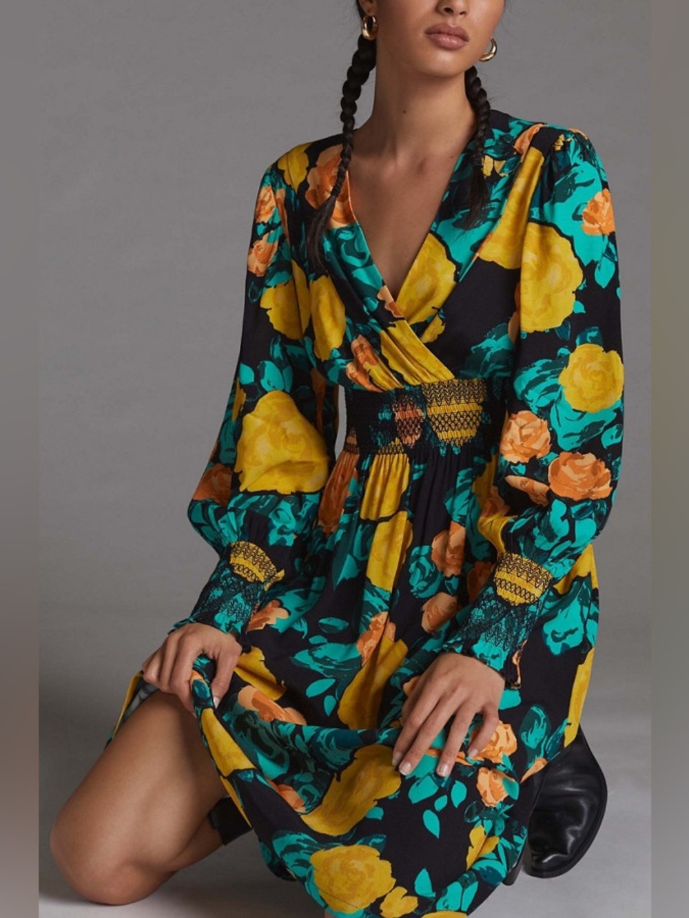 Plenty by Tracy Reese Black Floral V-Neck Midi Dress with Yellow & Teal Flowers